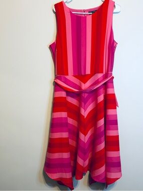 Striped Pink & Red Midi Dress with Belted Waist